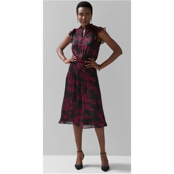 WHBM Sleeveless Smocked Waist Ruffle Midi Dress Womens XL Petite Black Red - Picture 1 of 14